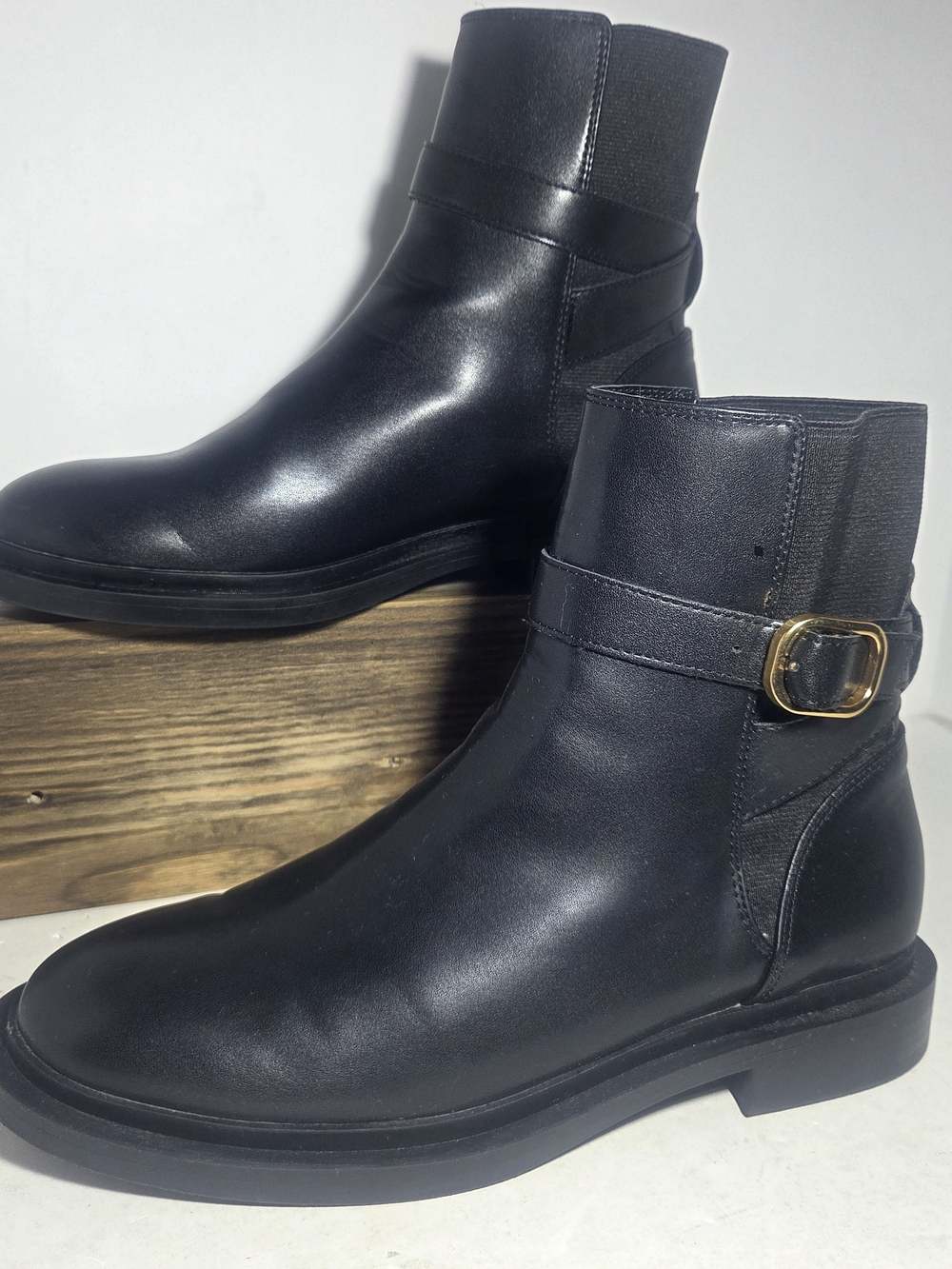 Mango (MNG) Black Leather Ankle Boots with Gold Buckle Accent – Size EU 38